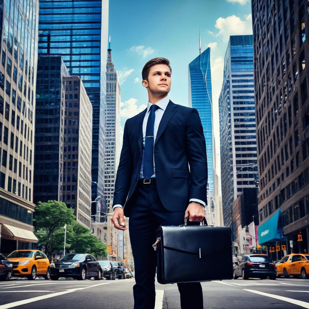 An ambitious young professional standing confidently in an urban setting, holding a briefcase filled with resumes and a laptop, surrounded by symbolic elements like upward arrows, networking connections, and career milestones. The background features a bustling cityscape that signifies opportunity and growth. The atmosphere is vibrant and motivational, reflecting a bright future. super-realistic. vibrant colors. urban scene.