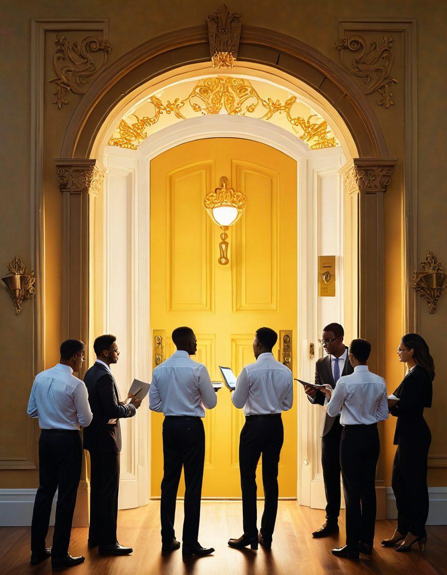 A dynamic scene of a diverse group of job seekers exploring various career resources, with a large key unlocking a door labeled 'Career Potential'. Include elements like resumes, books, laptops, and a glowing light emanating from the door. The setting should be vibrant and energetic, symbolizing hope and opportunity. super-realistic. vibrant colors. abstract background.