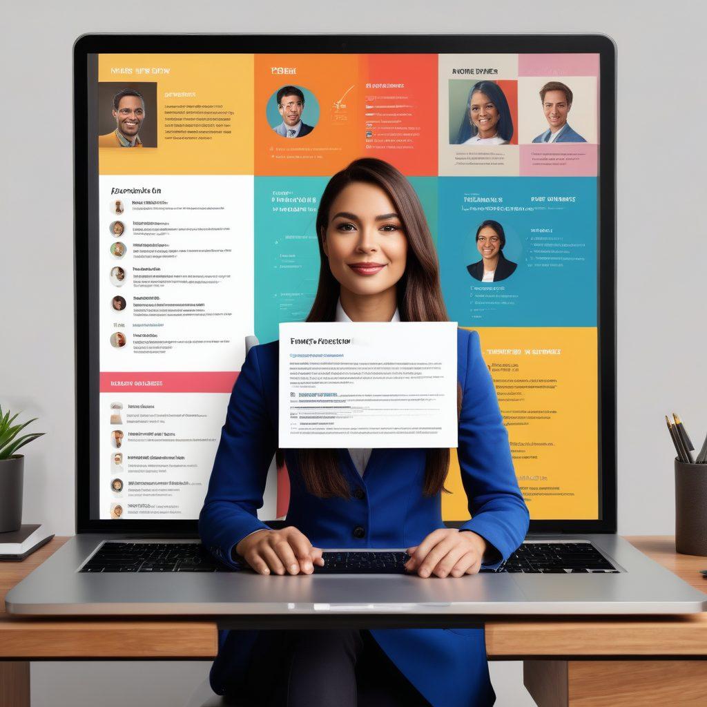 A collage of a polished resume with a modern design, a confident job seeker in an interview setting, and open doors symbolizing opportunities. Include elements like a laptop with job search websites, a checklist with interview tips, and diverse individuals discussing careers. Bright, motivational colors, dynamic layouts. super-realistic. vibrant colors. clean background.